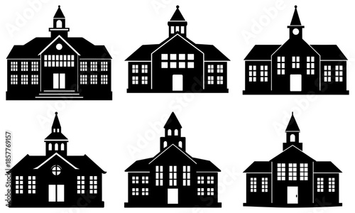 Six black and white school building silhouettes with different architectural styles on a transparent background