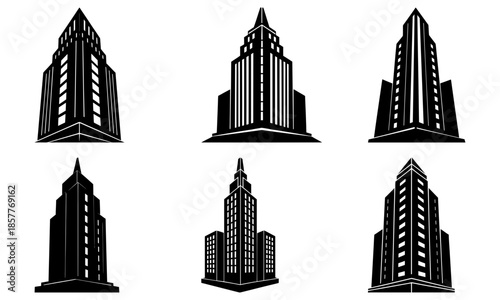 Six Black and White Skyscraper Silhouettes on White Background building