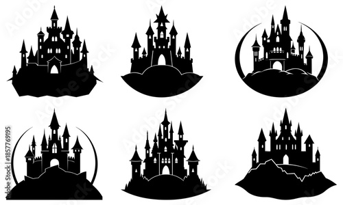 Black Silhouette of a Fantasy Castle on a Hill with Transparent Background