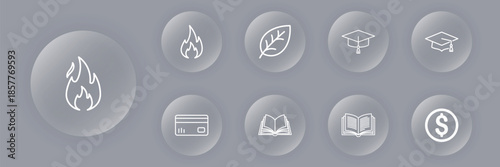 Collection of nine circular transparent icons representing energy, education, finance, and