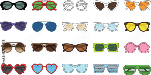 Large Collection of Colorful Sunglasses and Fashion Eyewear Icons Featuring Various Shapes Like Heart Round Aviator and Cat Eye Styles