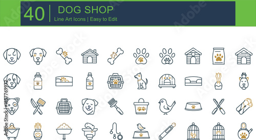 Large Icon Set of Pet Care Supplies Featuring Dog Faces Houses Food Bowls Carriers Grooming Tools and Accessories in Minimalist Style