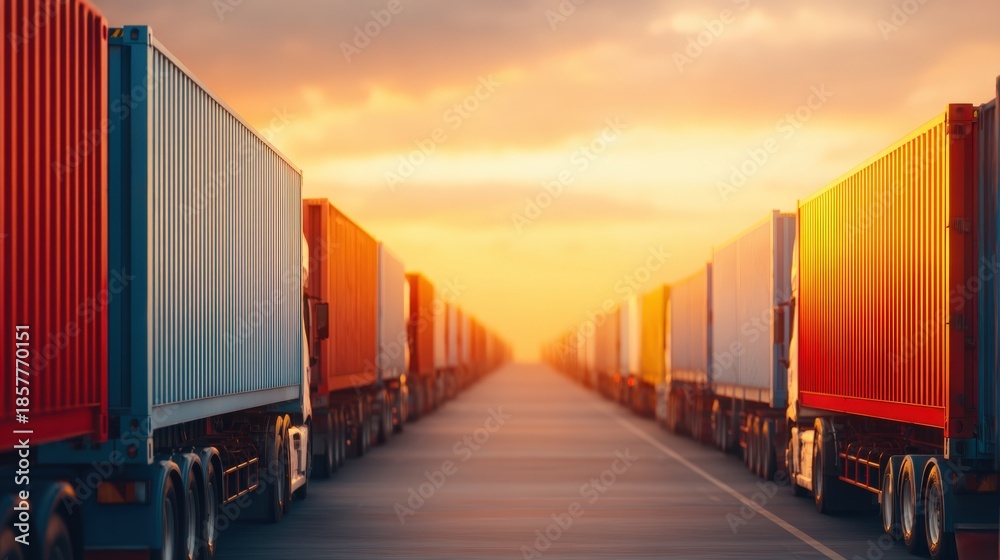Obraz premium A stunning sunset illuminates a row of colorful shipping containers parked on a vast industrial road, symbolizing trade and logistics.