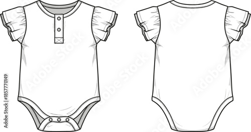 Baby bodysuit onesie front and back view, flat technical fashion illustration of infant clothing template isolated white background