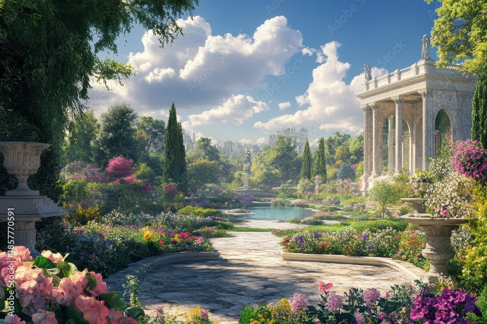 Obraz premium Vibrant garden landscape with classic architecture under a bright blue sky