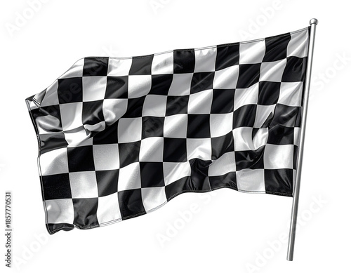 A waving checkered flag with a metallic pole, a symbol often used at race finish lines