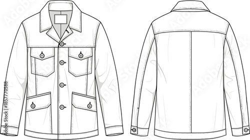 Men casual jacket technical fashion drawing, front and back view outline vector illustration for apparel outerwear design template