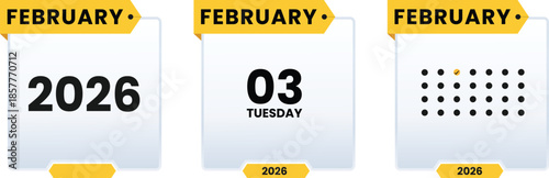 February 3 Tuesday 2026 calendar icon set vector illustrator. Checklist day calendar. Schedule date, appointment, month, week, agenda, Containing, organization and event Editable line icons.
