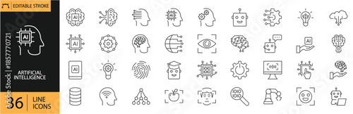 Artificial Intelligence Icons Set Including Brain, Robot, Neural Network, Machine Learning, Data and Automation