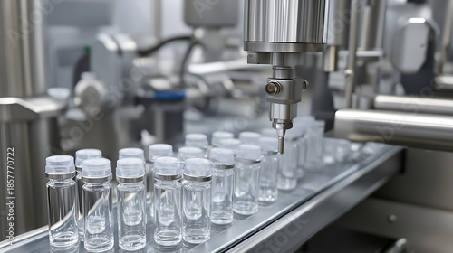 Pharmaceutical manufacturing line with vials being filled by automated robotic machinery. Precision and sterile conditions are essential for pharmaceutical production.