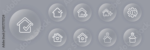 Collection of nine circular icons featuring modern home, real estate, property investment, and