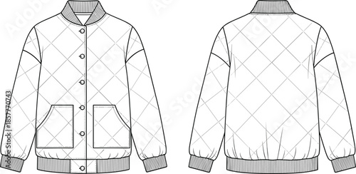 Quilted jacket technical fashion drawing, front and back view outline vector illustration for winter outerwear apparel design