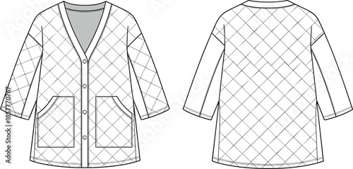 Women cardigan technical fashion drawing, front and back view outline vector illustration for apparel design flat garment template