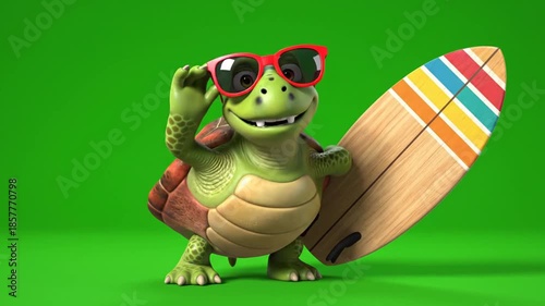 Cool Surfer Turtle Cartoon Character with Sunglasses and Surfboard on Green Screen