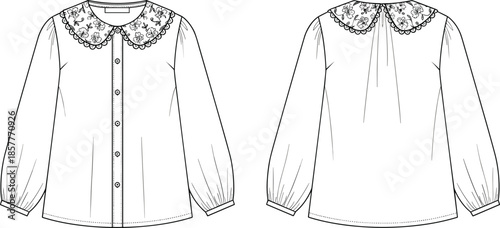 Girls long sleeve lace collar blouse vector, front back view, flat fashion technical drawing, cute childrens elegant apparel illustration