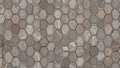 An old stone wall and textured pavement feature a gray rock pattern and rough material surface in this abstract architectural street construction