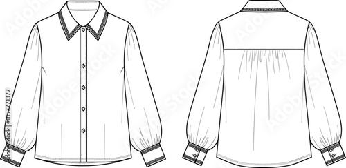 Girls long sleeve blouse vector, front back view, flat fashion technical drawing, cute childrens apparel illustration, isolated garment design