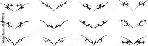 Tribal wing silhouettes form a sharp decorative emblem set. Symmetrical spiked shapes add a dark fantasy and tattoo style aesthetic. Ideal for logos badges gothic art and edgy designs.