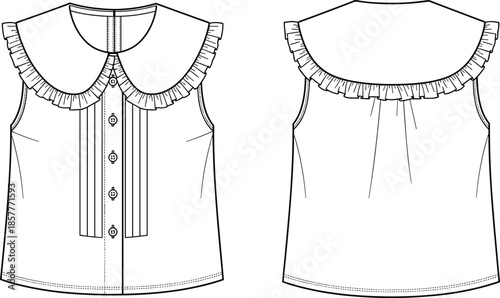 Girls sleeveless blouse vector, front back view, flat fashion technical drawing, cute childrens apparel illustration, isolated garment design