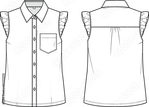 Girls sleeveless shirt dress vector, front back view, flat fashion technical drawing, cute childrens apparel illustration, isolated garment design template