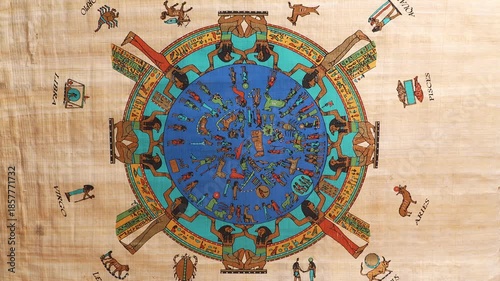 Ancient Egyptian zodiac on papyrus, Dendera Temple ceiling replica, circular astronomical chart with hieroglyphs, deities, constellations, colorful traditional art, historical artifact. Zoom in.