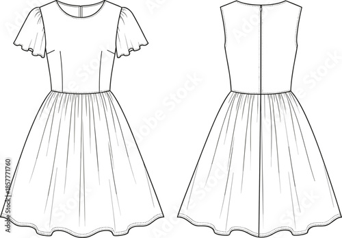 Girls flutter sleeve dress vector, front back view, flat fashion technical drawing, cute childrens apparel illustration, isolated garment design template