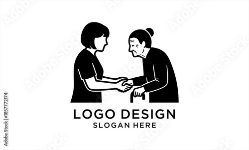 Young woman helping an elderly woman with a cane.