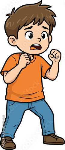 Cartoon child in defensive stance, fists raised, surprised expression, emotional reaction, character pose, flat vector illustration