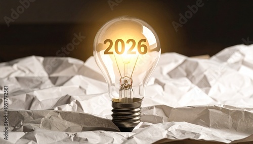 Glowing light bulb with “2026” inside, floating above abstract low-poly landscape, warm sunrise tones, futuristic concept, innovation and new year vision, cinematic atmosphere.