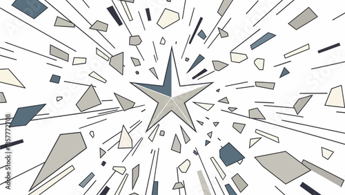 Abstract geometric explosion with star shape and fragmented elements in various shades of gray and blue against a white background