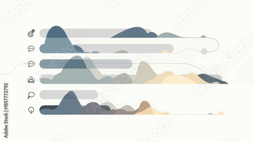 A stylized illustration of layered mountains and hills in various shades of blue and beige, set against a clean white background with abstract design elements.