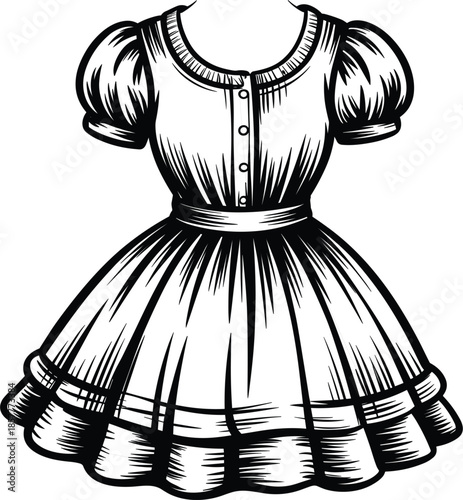 Puffy sleeve dress vector, hand-drawn black and white line art of a classic button-up frock with pleated skirt