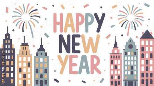 Happy New Year Celebration with Cityscape in Vibrant Colors and Confetti in Festive Atmosphere for Greeting Card