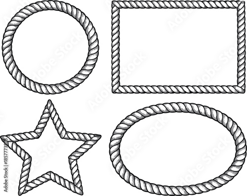Nautical rope frame set vector, maritime cord borders in circle, rectangle, star, and oval shapes illustration