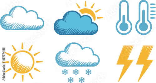 Hand drawn weather icon set vector, blue and yellow sketch style meteorology symbols with sun, clouds, and lightning