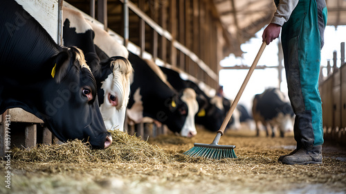 Inside a barn, Holstein cows eat hay as a farm worker sweeps. This scene showcases agricultural life, animal care, and the symbiotic relationship between humans and livestock.