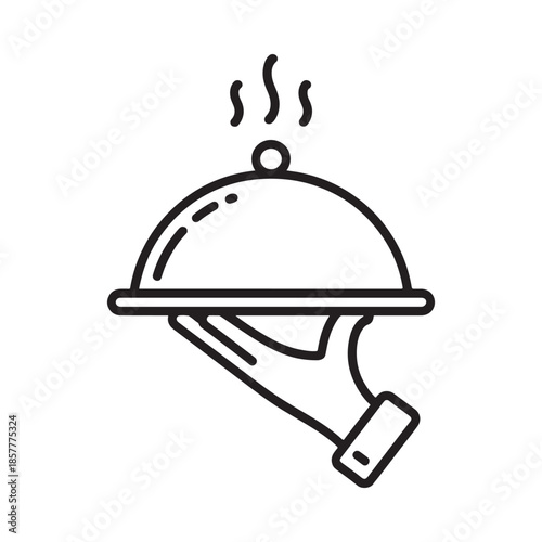 A simple line drawing depicts a covered serving dish held by a hand on a platter