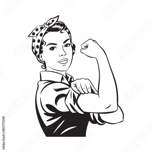 A vintage illustration depicts a woman flexing her bicep embodying strength and female empowerment