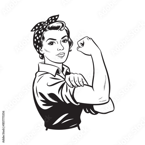 A vintage style illustration of a woman flexing her bicep embodying strength and determination