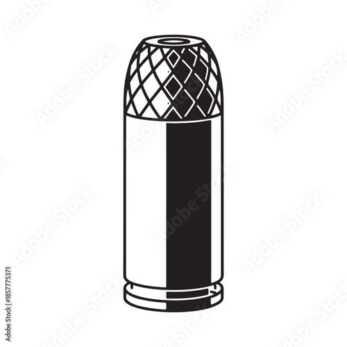 A detailed black and white illustration of a single metallic bullet cartridge design
