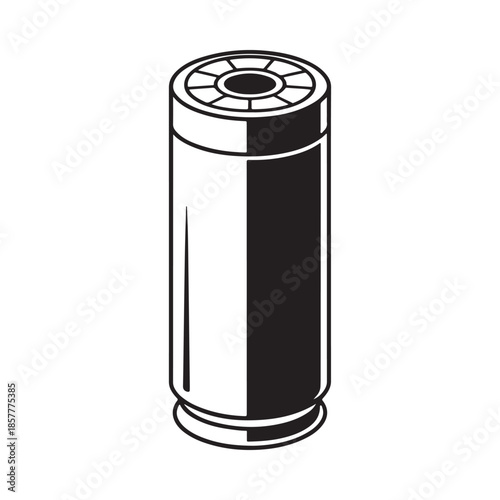 A stark black and white illustration depicts a cylindrical cartridge likely a bullet casing