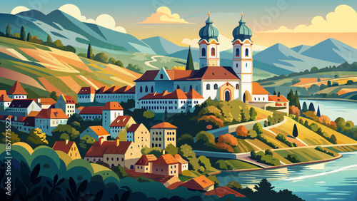 Very beautiful view of Benedictine Melk Abbey towering above the Danube River, showcasing baroque architecture, rolling vineyards, and tranquil landscapes of Austria’s historic Wachau Valley.