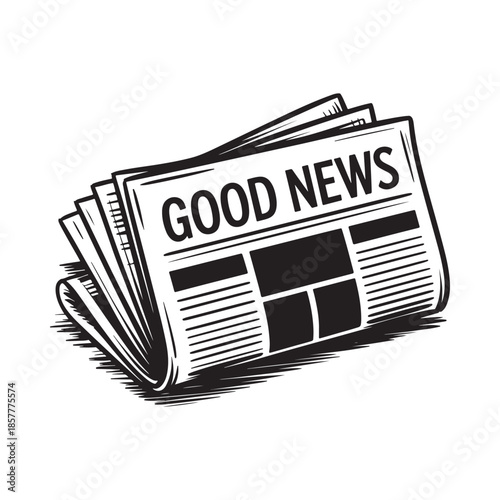 A black and white illustration depicting a stack of folded newspapers with the text good news