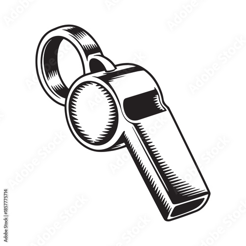 A vintage style black and white illustration of a classic sports whistle with a lanyard