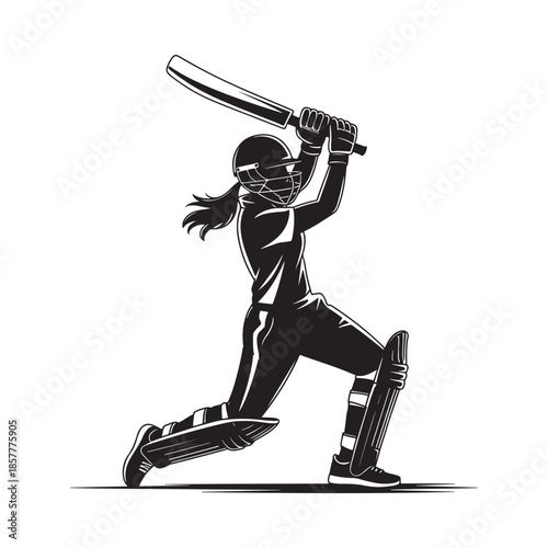 A dynamic illustration of a female cricket player poised for a powerful swing in action