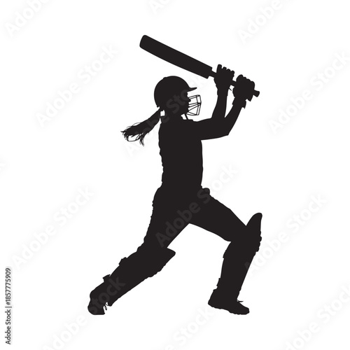 Silhouette of a female cricket player in action poised to hit with focused energy