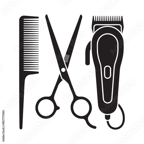 A black and white illustration depicting barber tools a comb scissors and hair clippers