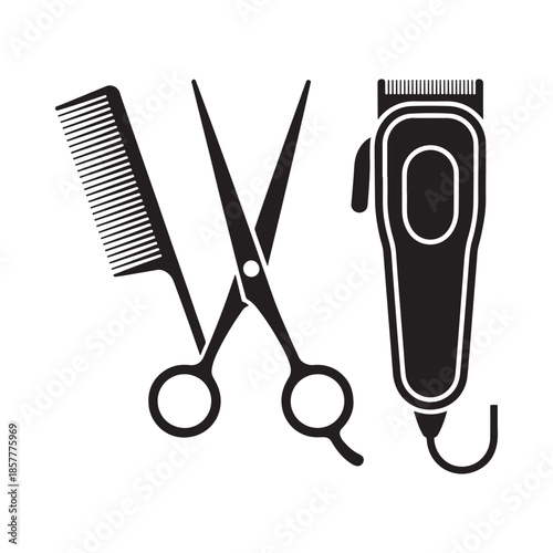 Styling tools including a comb pair of scissors and a hair clipper are neatly arranged