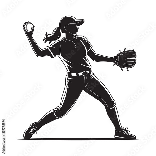 A dynamic silhouette of a female softball player preparing to throw the ball with intensity