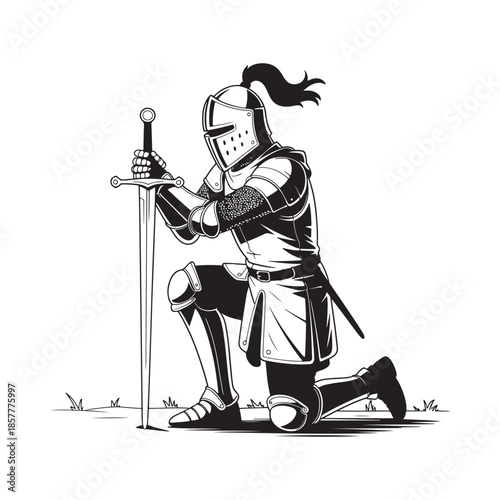 A kneeling knight in full armor holds a sword a classic medieval warrior illustration